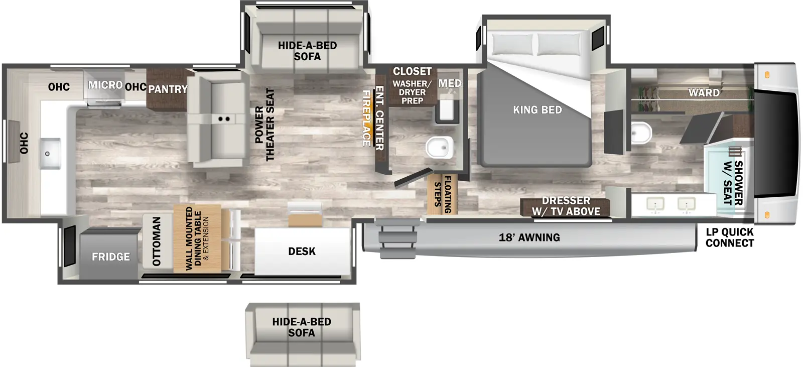 The 388RK2 has three slideouts and one entry. Exterior features an 18 foot awning, and LP quick connect. Interior layout front to back: front full bathroom with wardrobe, shower w/ seat and dual sinks; bedroom with off-door side king bed slideout and door side dresser with TV above; floating steps down to main living area and entry; off-door side half bath with closet with washer/dryer prep, and medicine cabinet; entertainment center with fireplace along inner wall, off-door side slideout with hide-a-bed sofa, and power theater seats across from entertainment center; door side slide out with desk (optional hide-a-bed sofa), wall-mounted dining table with extension, ottoman, and refrigerator; off-door side pantry, overhead cabinet, microwave, cooktop, kitchen counter wraps to rear with sink and additional overhead cabinets.